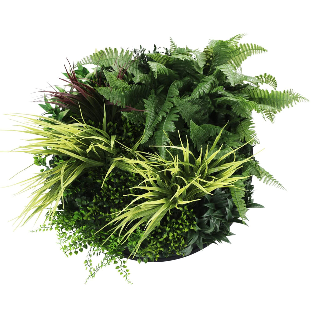 Artificial green wall disc featuring lush fern fields by Faux Flora, UV resistant, black frame, 50cm for home and garden decor.