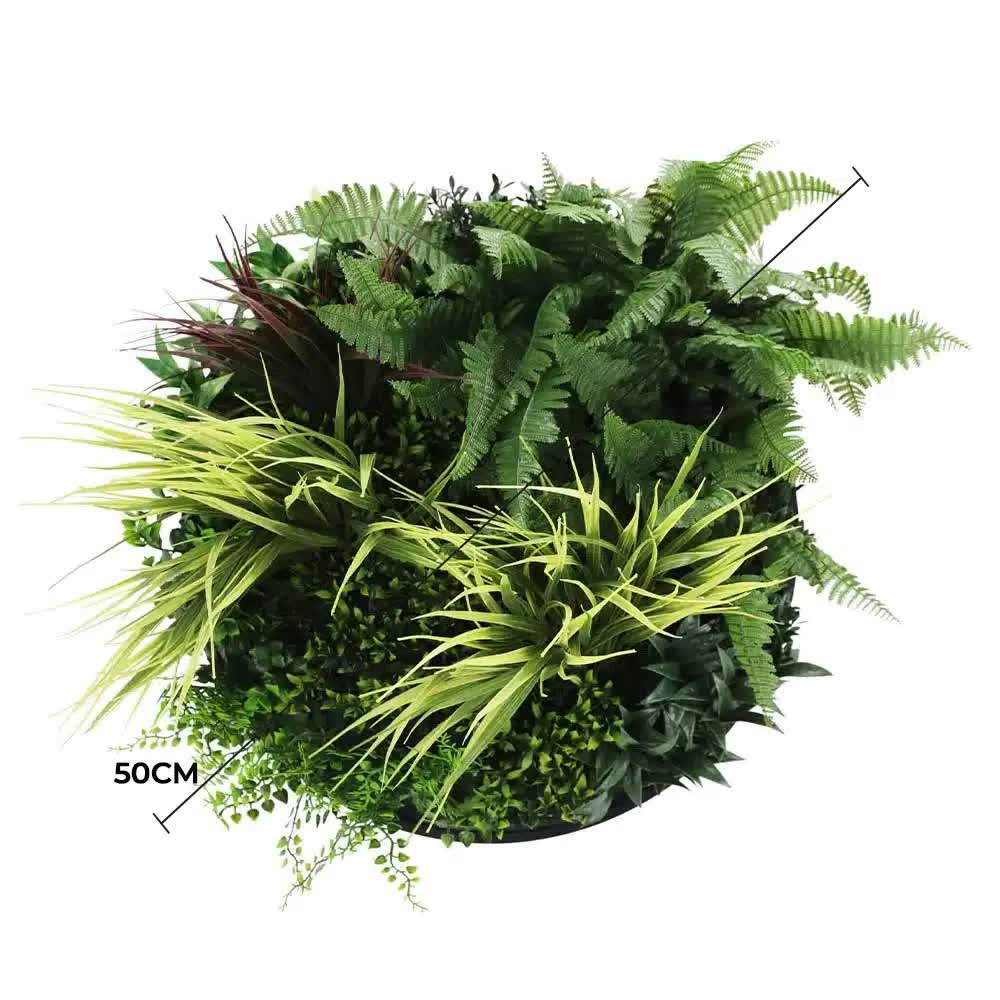 Artificial green wall disc with grassy fern design from Faux Flora, UV resistant, 50cm black decorative wall plant for home and garden.