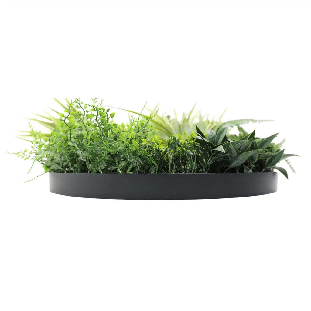 Artificial green wall disc with lush grassy fern design by Faux Flora, UV resistant, 50cm diameter for home wall decor.