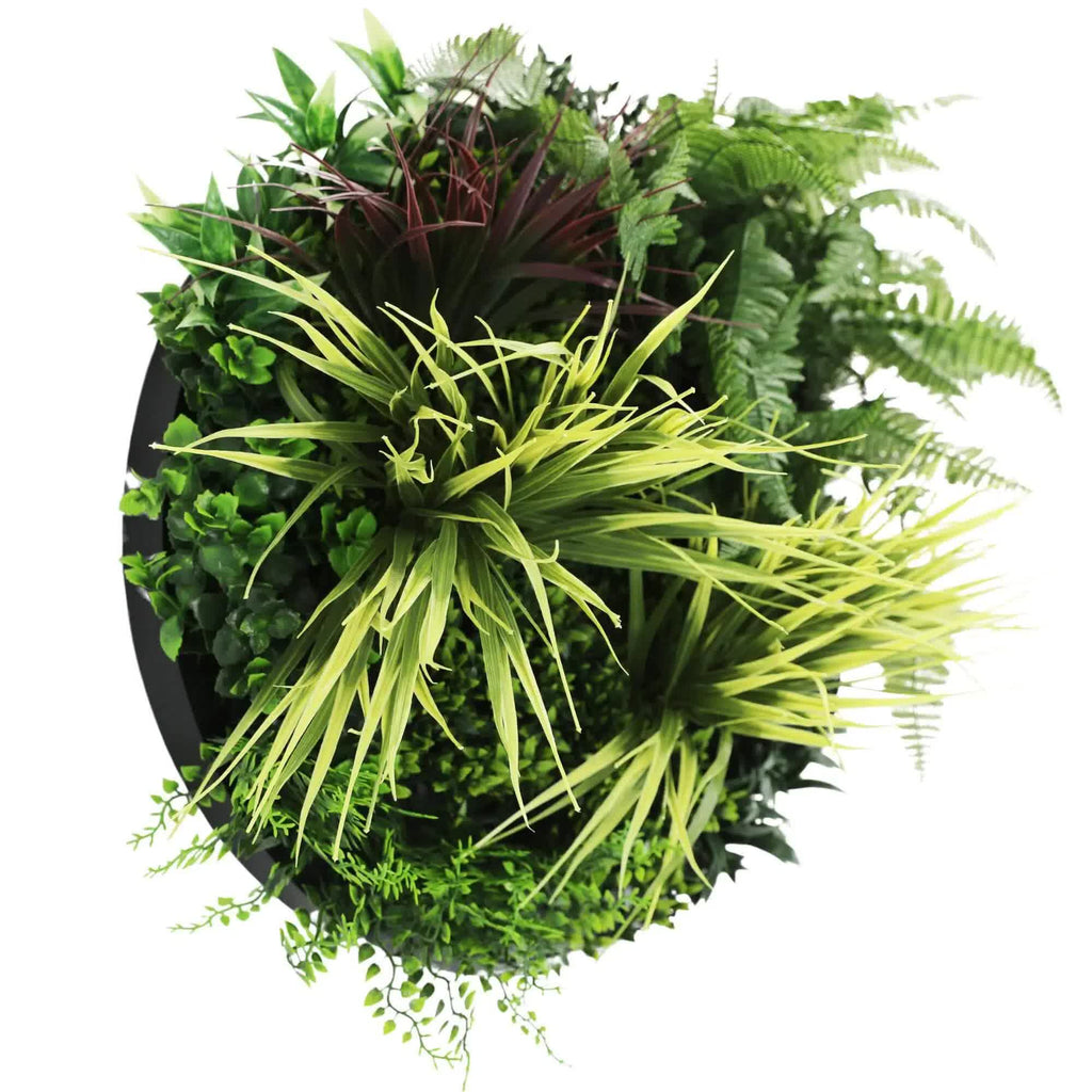 Artificial green wall disc with lush fern design, UV resistant faux plant decor for home or garden, black background, 50cm size.