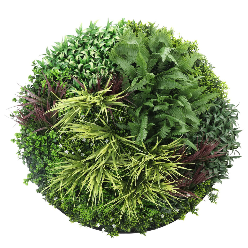Black artificial green wall disc by Faux Flora, UV resistant, 100cm for home and garden wall decoration with lush faux plant design.