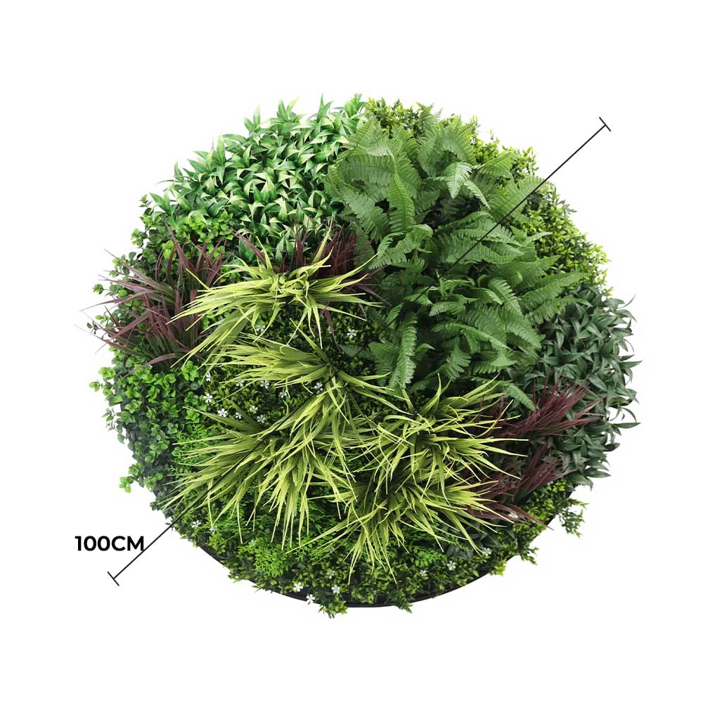 Black 100cm UV-resistant artificial green wall disc art by Faux Flora, ideal for home and garden wall decoration