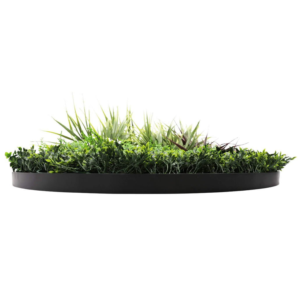 Artificial green wall disc art by Faux Flora, UV resistant black 100cm wall decoration with realistic artificial plants for home and garden.