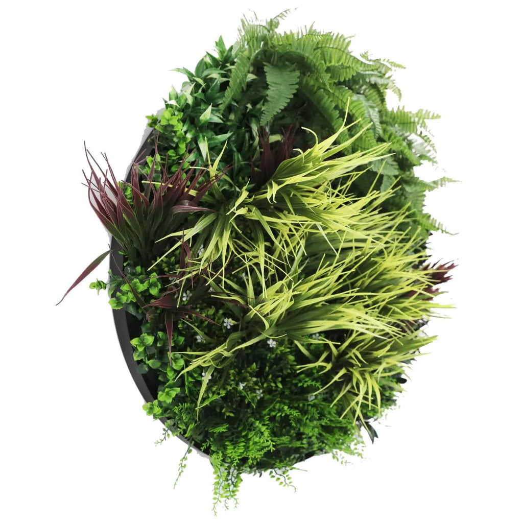 Artificial green wall disc with grassy fern design by Faux Flora, UV resistant black wall art for home and garden, 80cm diameter.