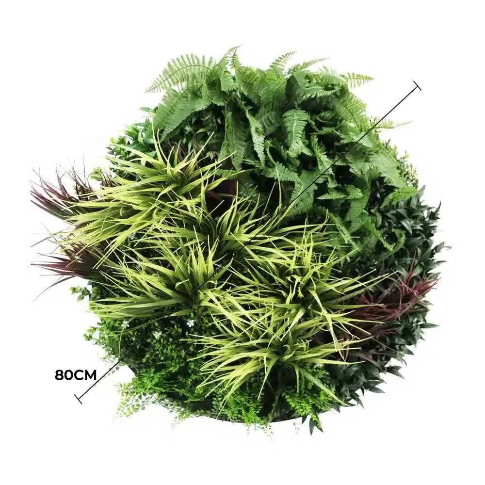 Artificial green wall disc with grassy fern design by Faux Flora, UV resistant, 80cm black wall decor for home or garden.