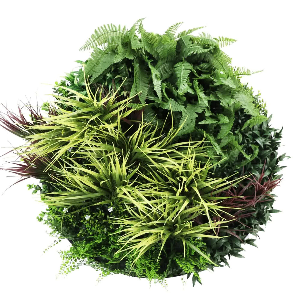 Artificial green wall disc with grassy fern design by Faux Flora, UV resistant, black 80cm for home and garden wall decor.
