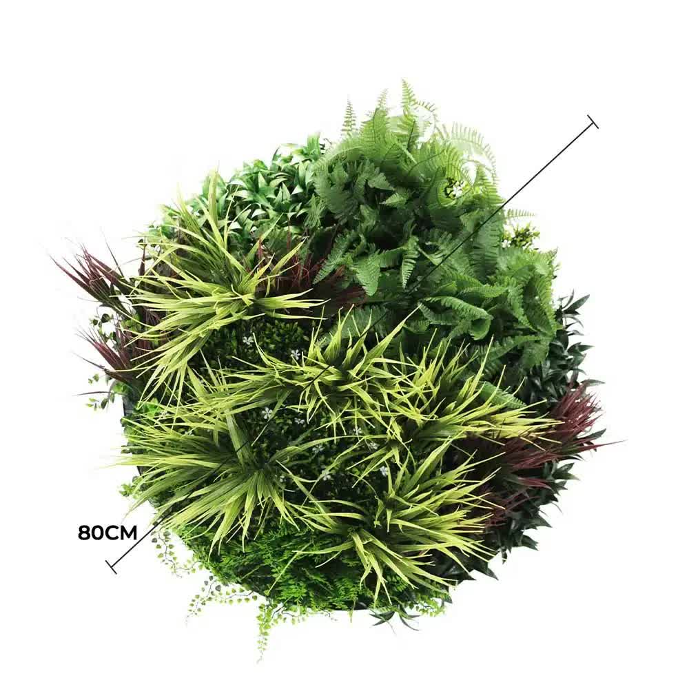 Artificial green wall disc with grassy fern design by Faux Flora, UV resistant, 80cm, white wall art for home and garden decor.