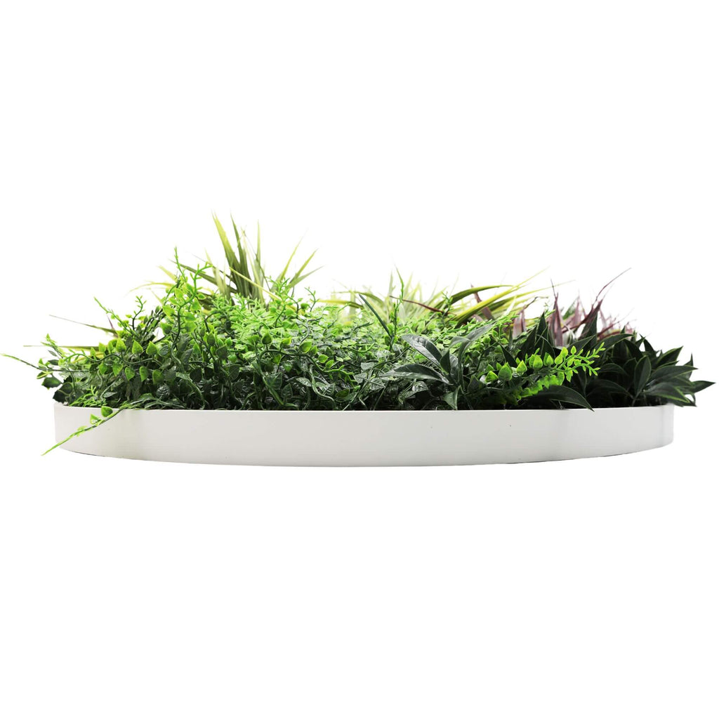 Artificial green wall disc with lush grassy fern design by Faux Flora, UV resistant, 80cm white decorative wall plant for home and garden.