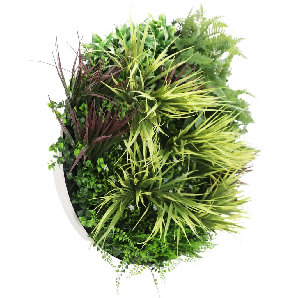 Artificial green wall disc with grassy fern design, UV resistant, 80cm white wall art for home and garden decor by Faux Flora.
