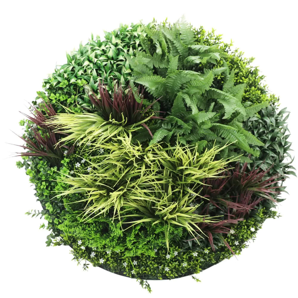 Artificial wall disc art featuring lush grassy fern in white, UV resistant, from Faux Flora, 100cm for home and garden decor.