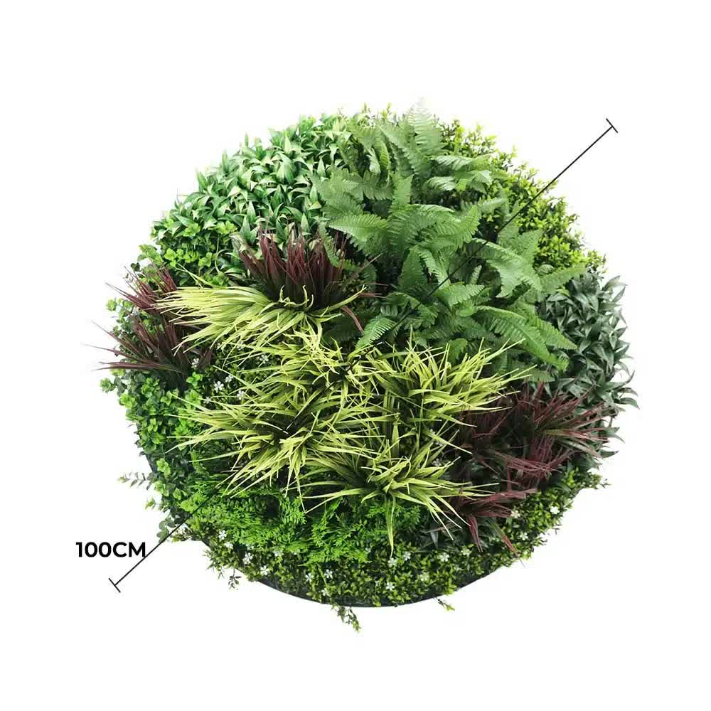 White artificial wall disc art with lush grassy fern design, UV resistant, 100cm by Faux Flora for home and garden decor.