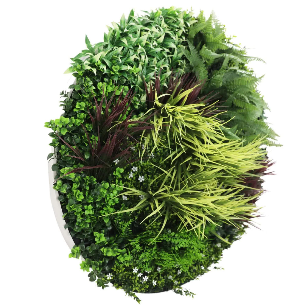White artificial wall disc art with lush grassy fern design, UV resistant, 100cm, by Faux Flora for home and garden decor.