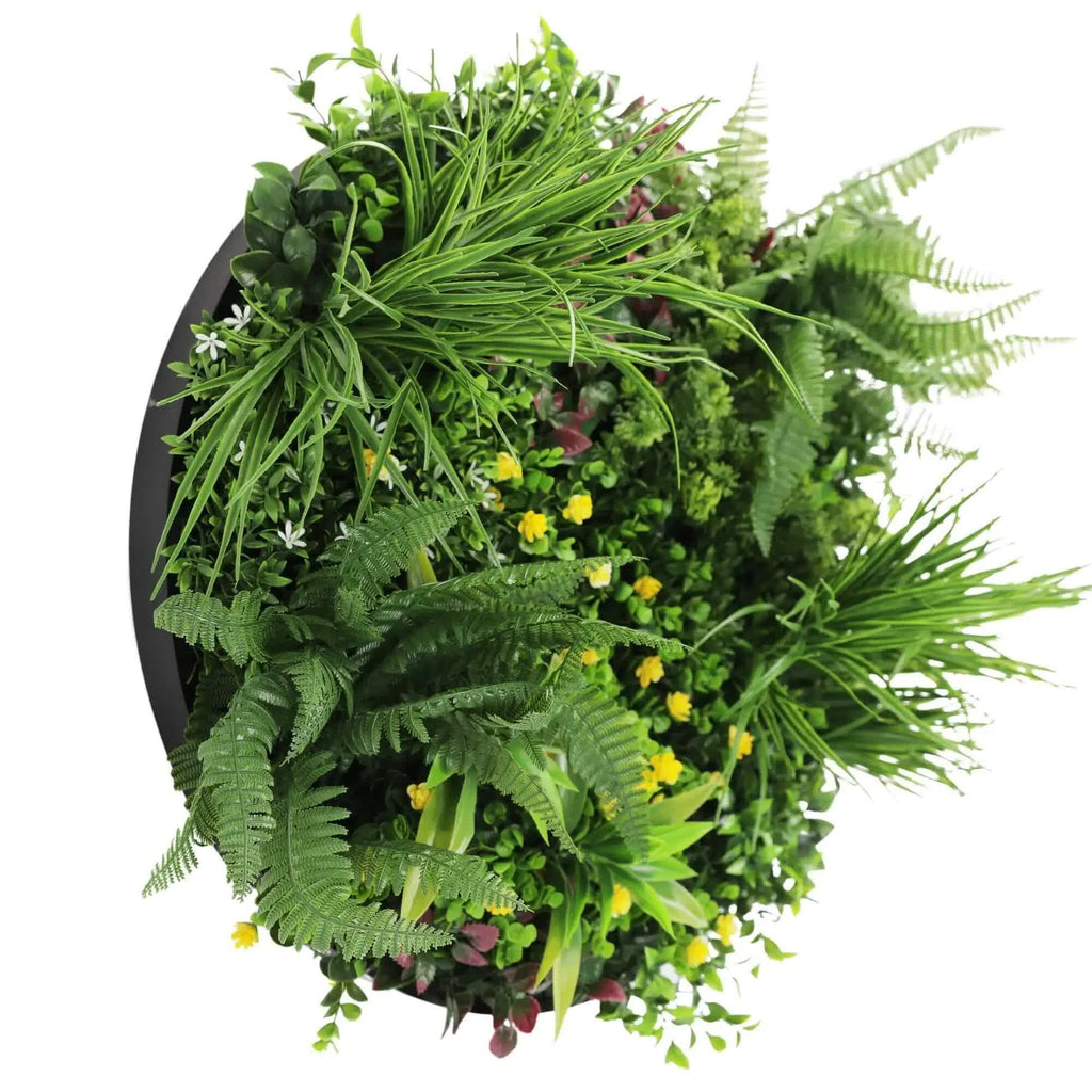 Black 60cm artificial fern wall disc art from Faux Flora, UV resistant, ideal for home and garden wall decor.