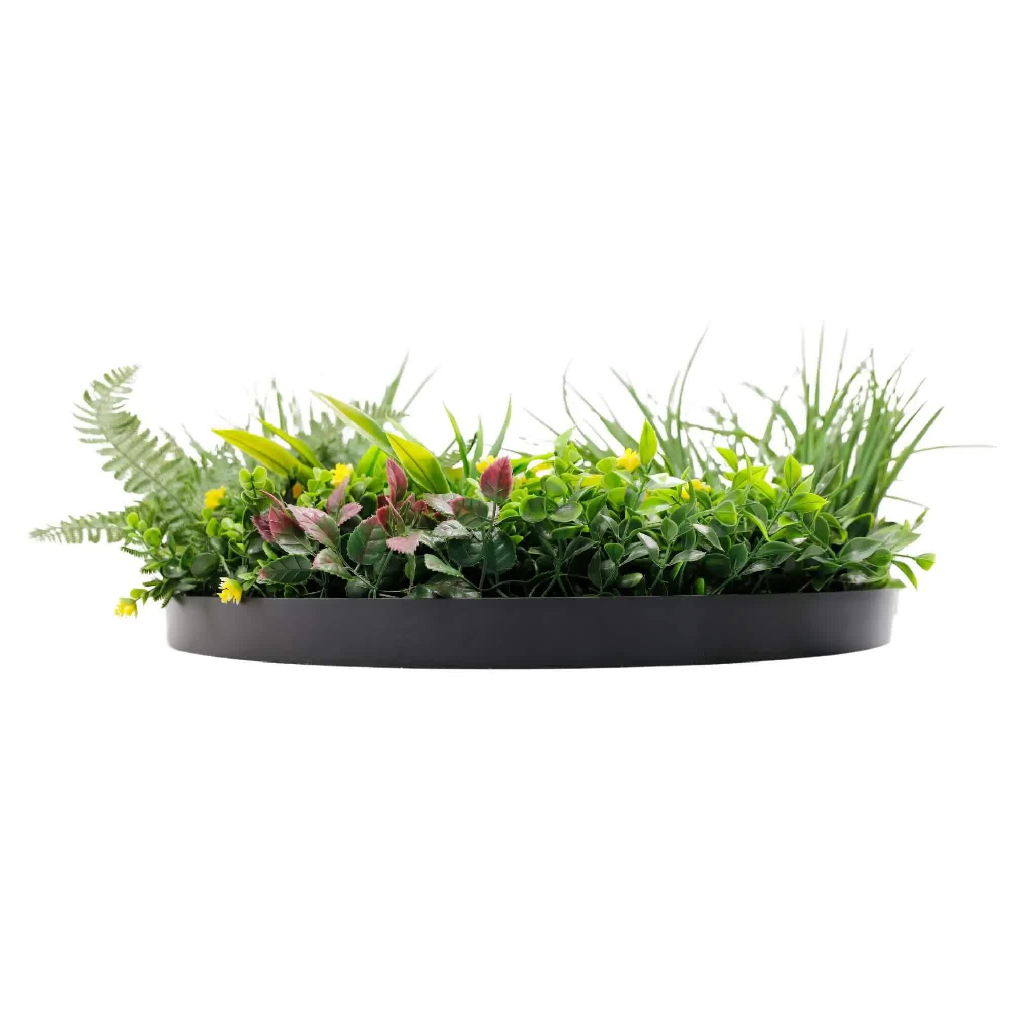 Black 60cm artificial wall fern disc art by Faux Flora, UV resistant, perfect for indoor or outdoor garden decor.