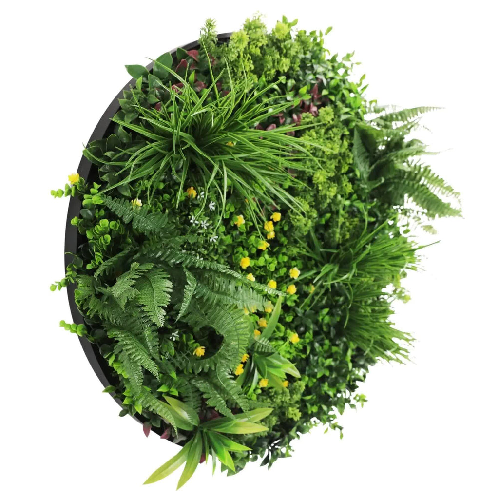 Black artificial wall fern disc art by Faux Flora, UV resistant 80cm wall plant for home and garden decor.