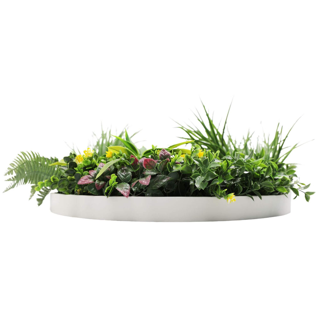 White 60cm artificial wall fern disc art by Faux Flora, UV resistant, ideal for home and garden wall decoration.
