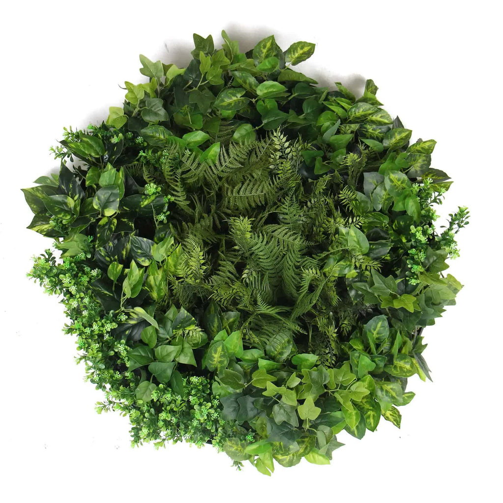 Artificial green wall disc art by Faux Flora featuring mixed fern and ivy on a modern black background, 80cm diameter.