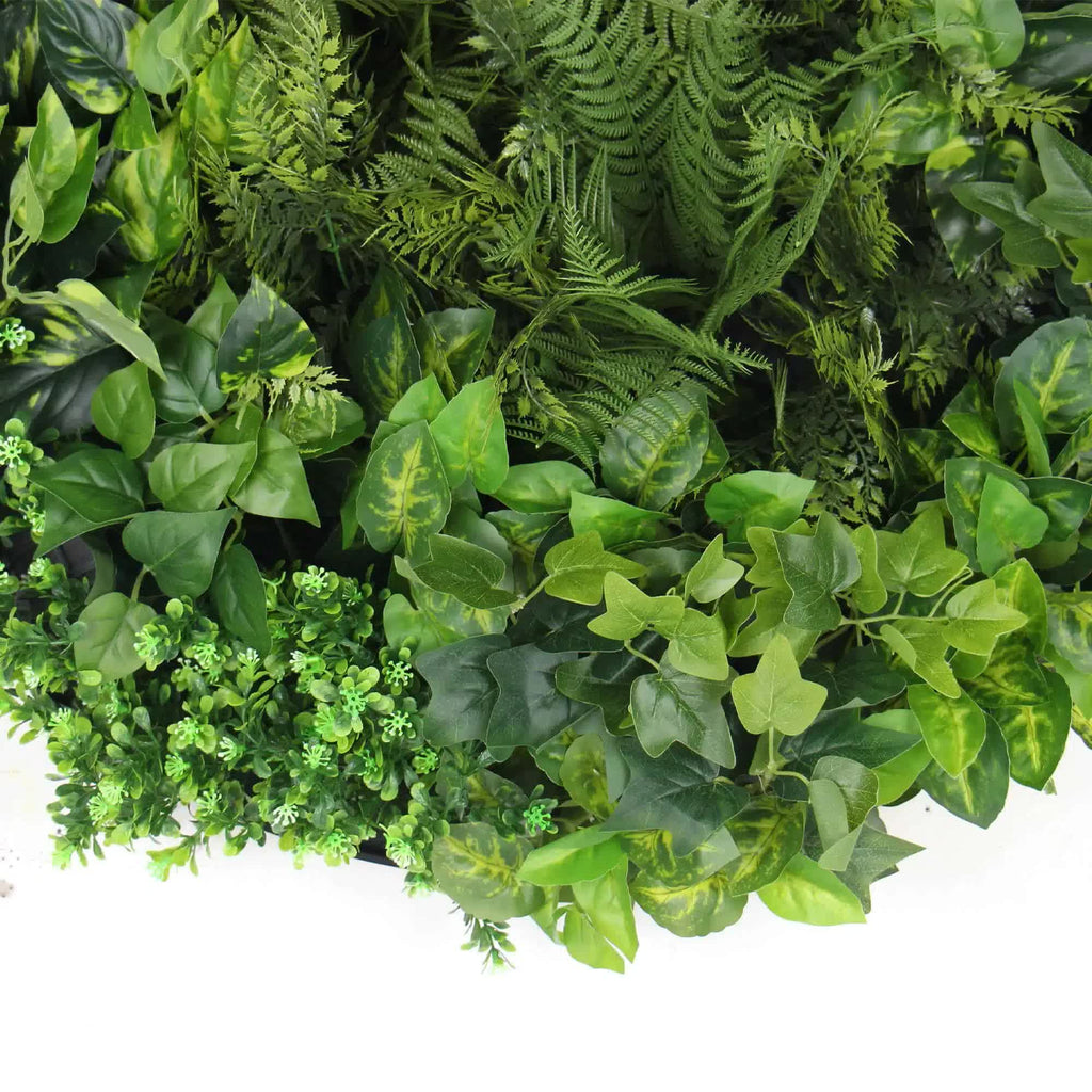 Artificial green wall disc art with mixed fern and ivy in a modern black frame, 80cm, from Faux Flora for home and garden decor.
