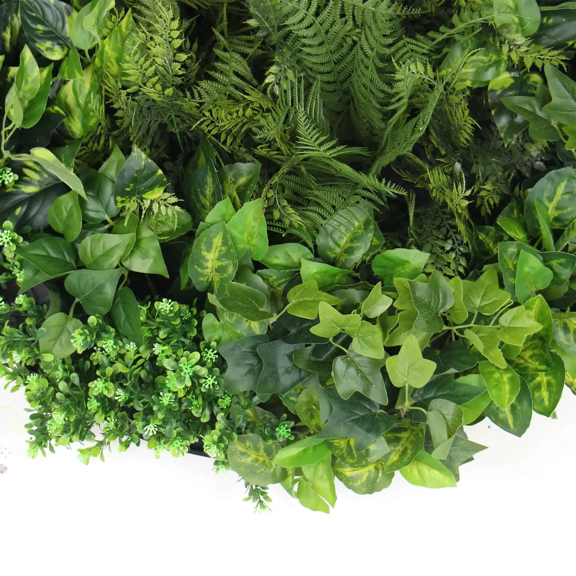Artificial green wall disc art with mixed fern and ivy in a modern black frame, 80cm, from Faux Flora for home and garden decor.
