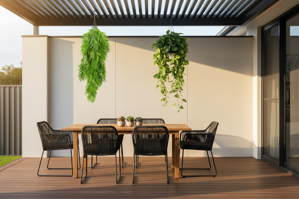 Alfresco – bamboo leaf plants with pothos from patio ceiling