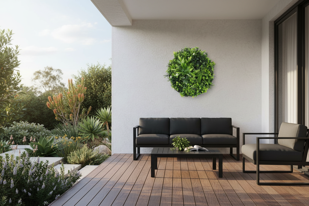 Alfresco – disc on rendered exterior wall above outdoor lounge
