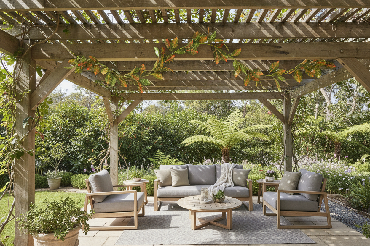 Artificial Croton Vine Garland - Pergola Setting