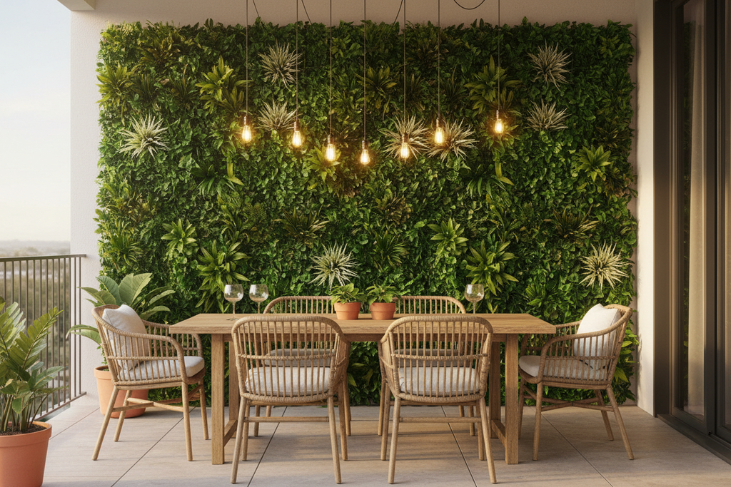 Balcony dining – interlocking panels as feature wall