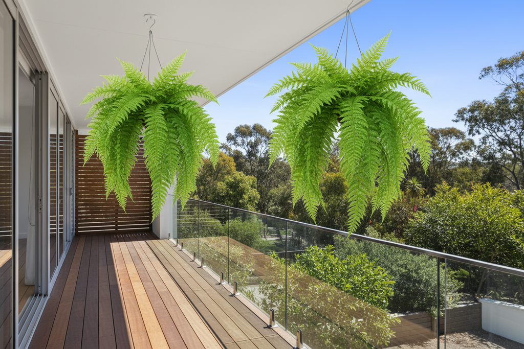 Balcony – two Boston ferns hanging from ceiling hooks
