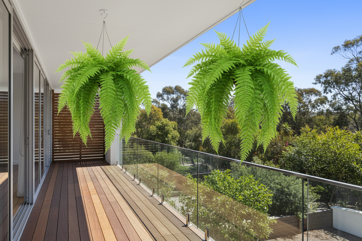 Balcony – two Boston ferns hanging from ceiling hooks