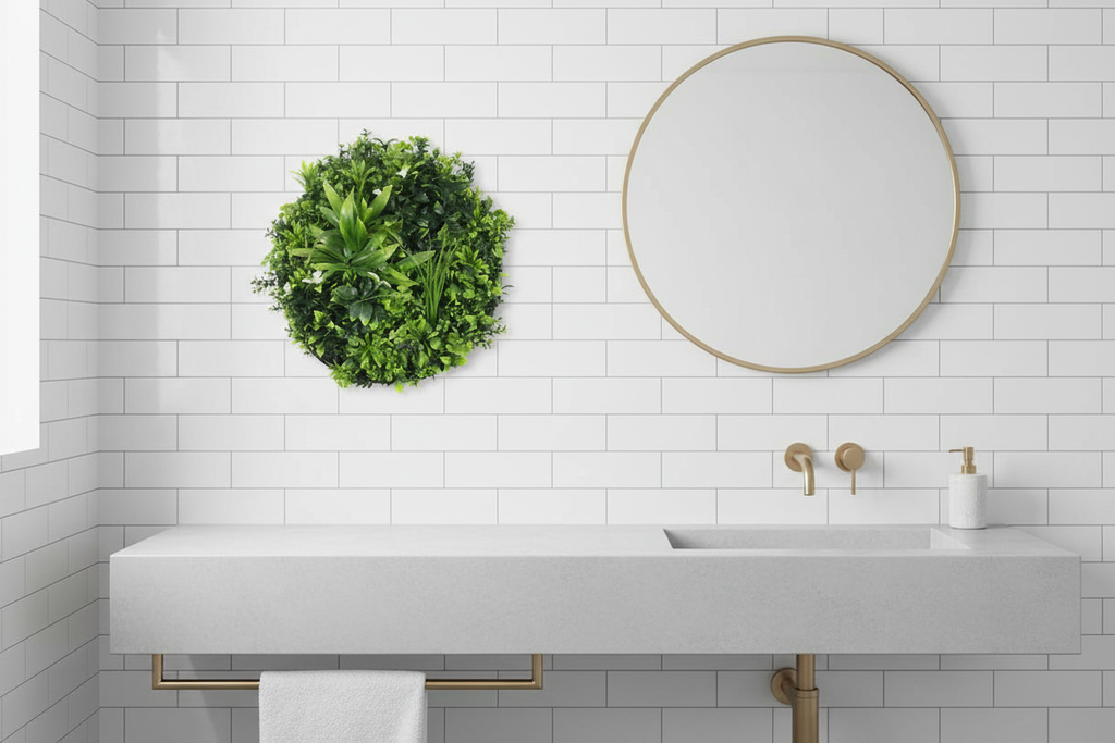 Bathroom – disc above vanity beside round mirror