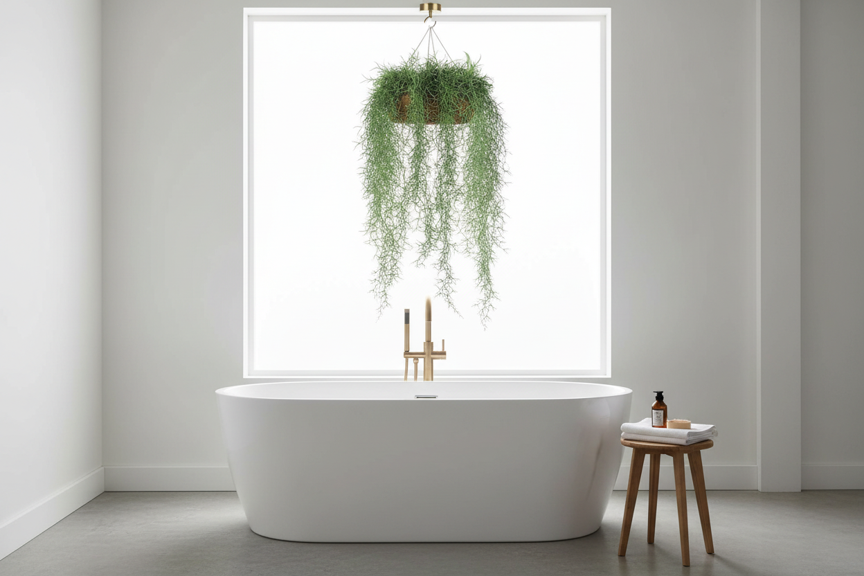 Bathroom – dramatic hanging vine canopy above bathtub
