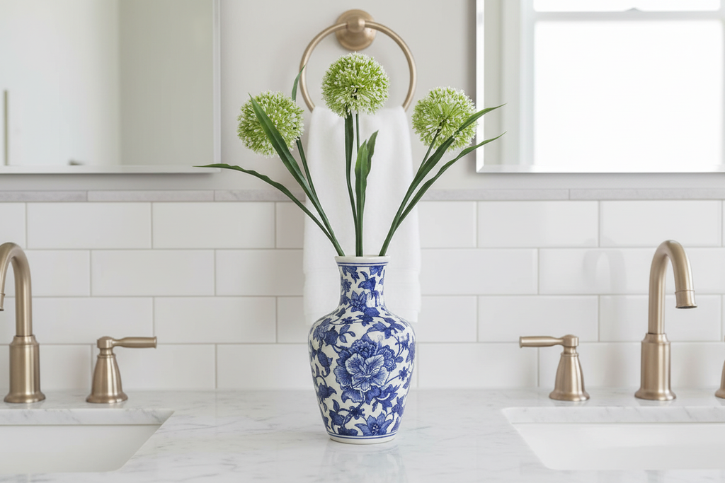 Bathroom – stems in blue & white ceramic vase on vanity