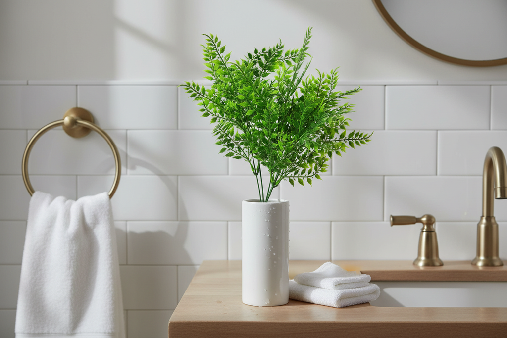 Bathroom – stems in slim white vase on vanity shelf
