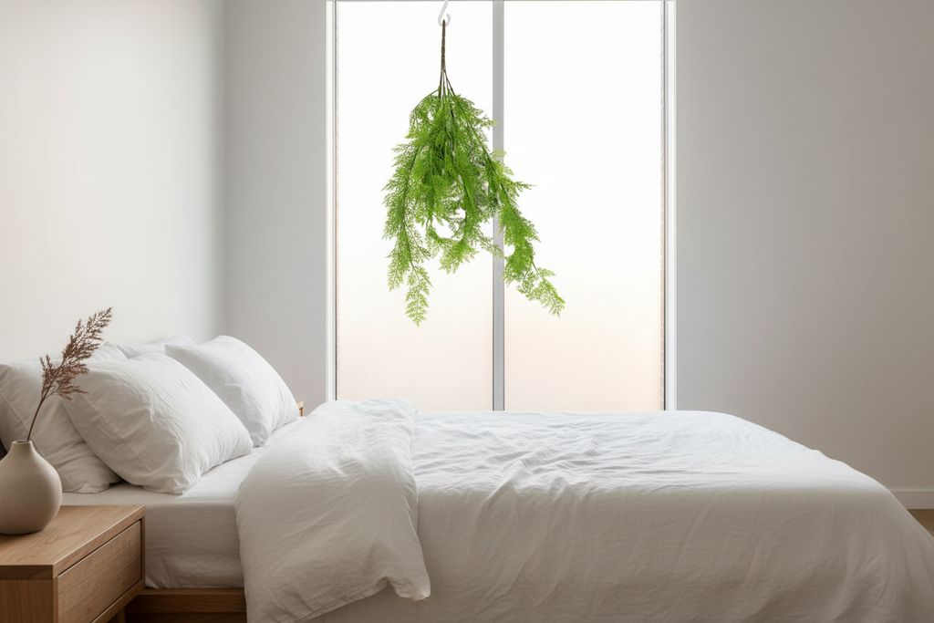 Bedroom – basket beside window, morning light through fronds