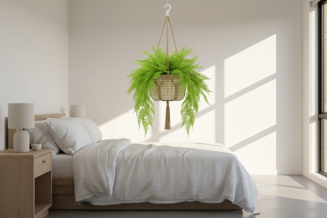 Bedroom – fern in hanging woven basket
