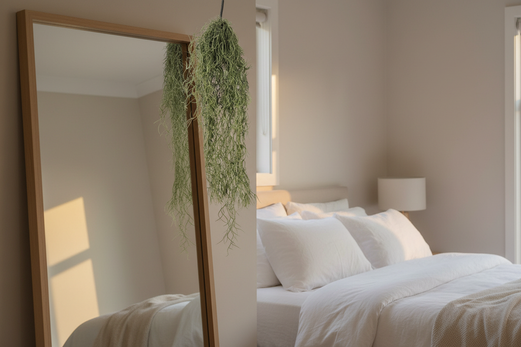 Bedroom – moss draped over timber mirror frame