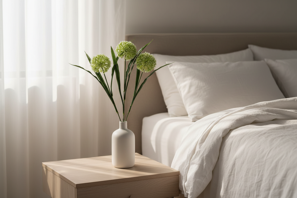 Bedroom – stems in white ceramic vase on bedside table