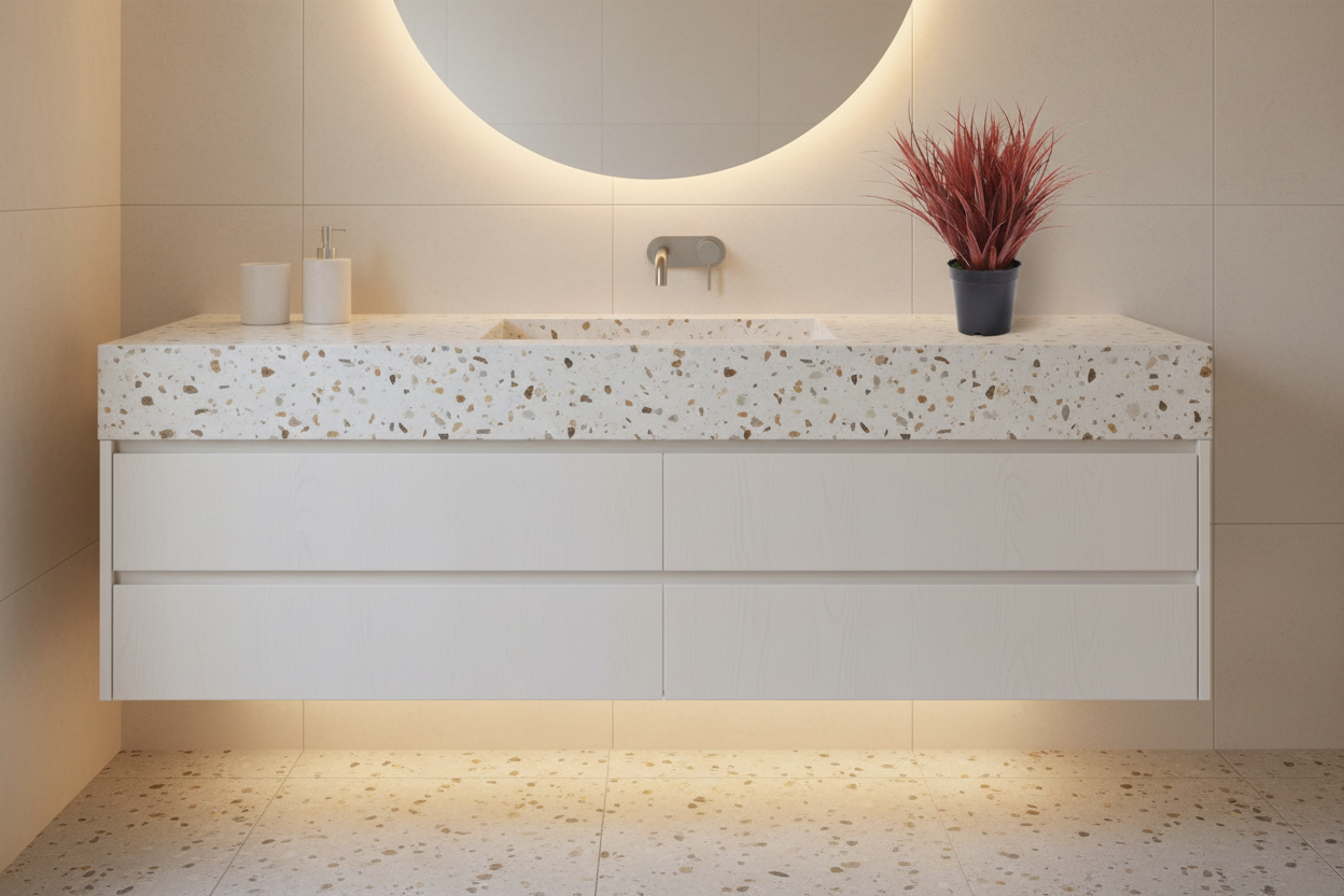 Burgundy Grass Pot on Modern Australian Bathroom Vanity