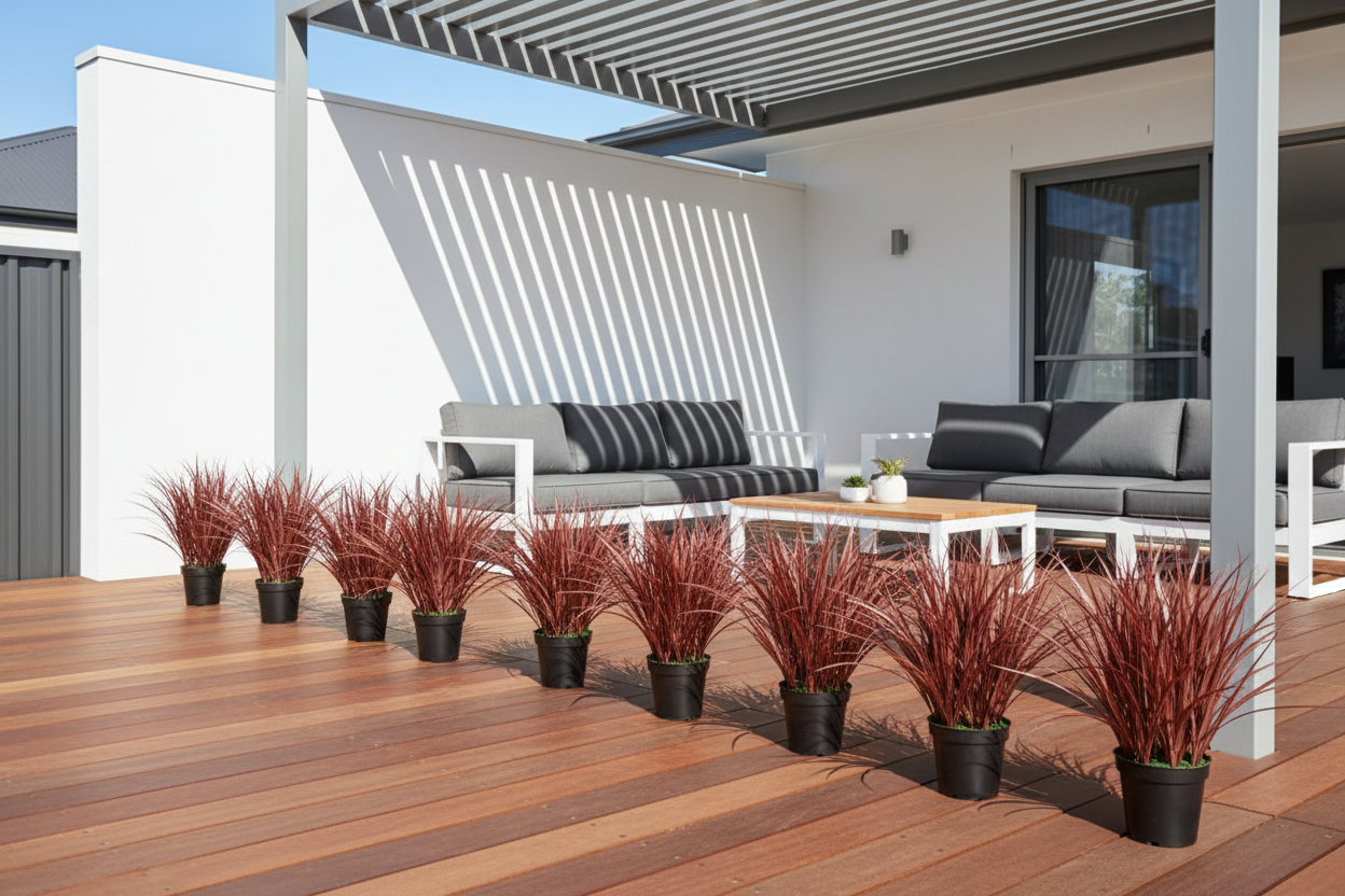 Burgundy Grass Pots on Modern Australian Alfresco