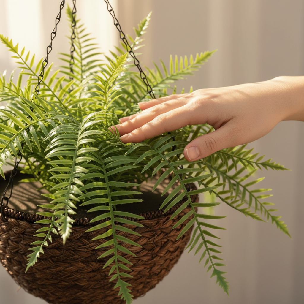 Close-up fingertips fern