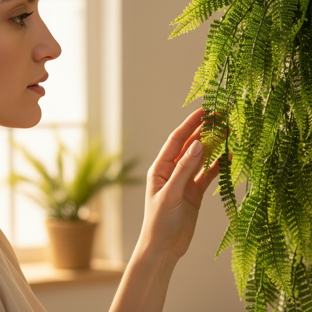 Close-up fingertips fern