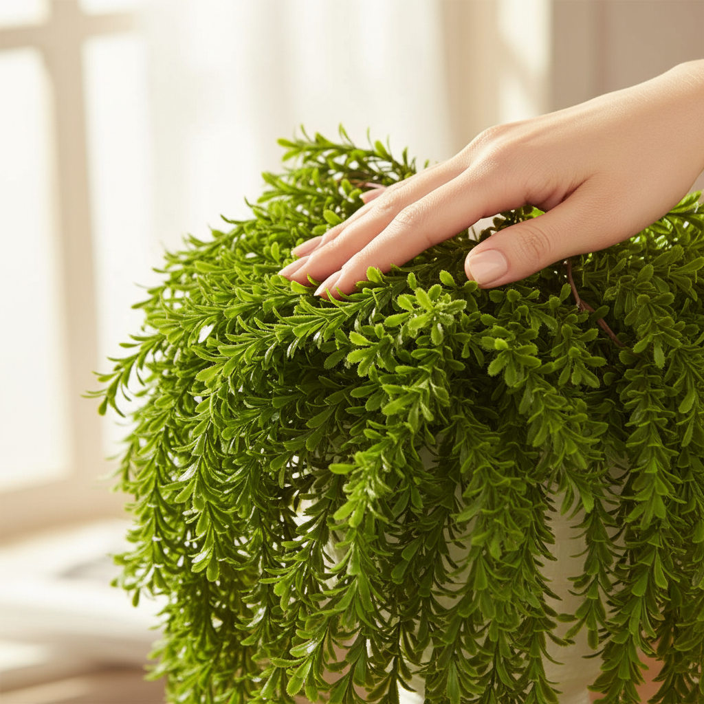 Close-up fingertips touching leaves