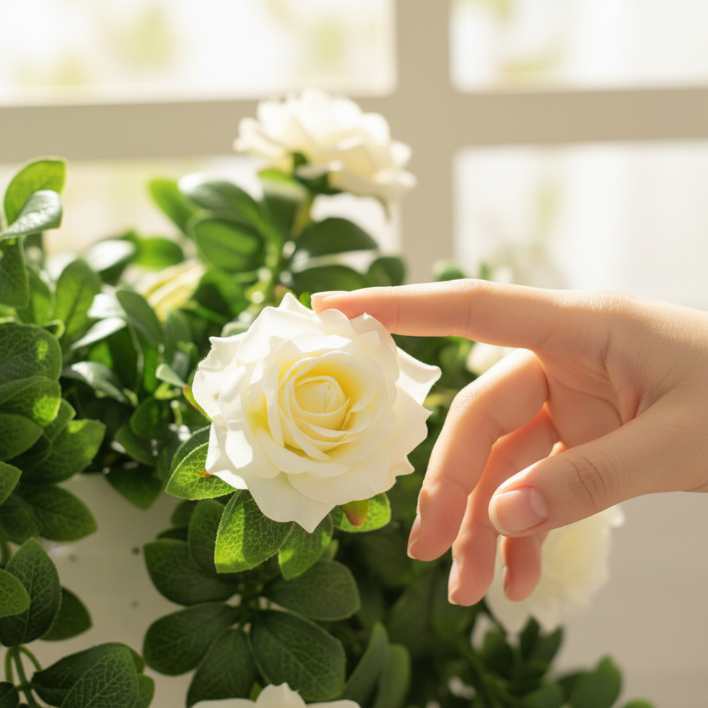 Close-up fingertips white rose