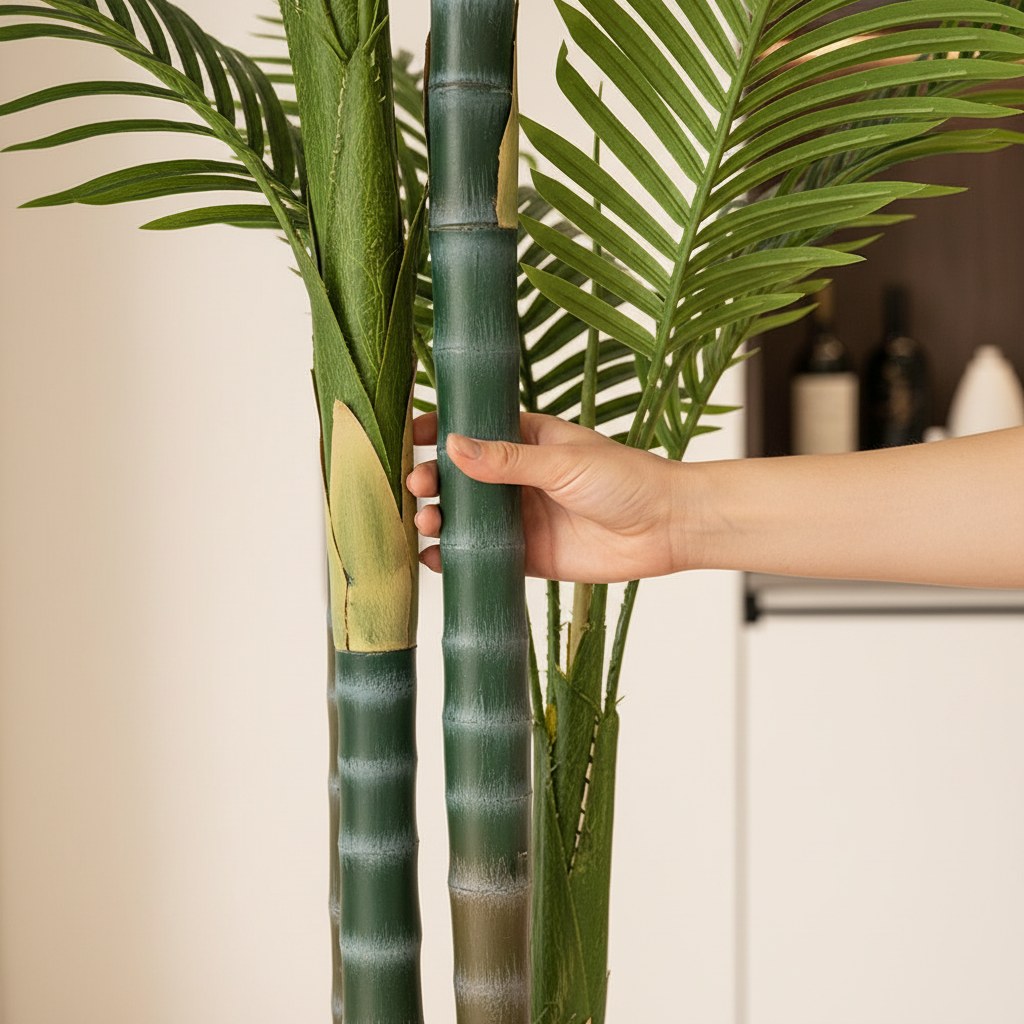 Close-up - hand on palm trunk