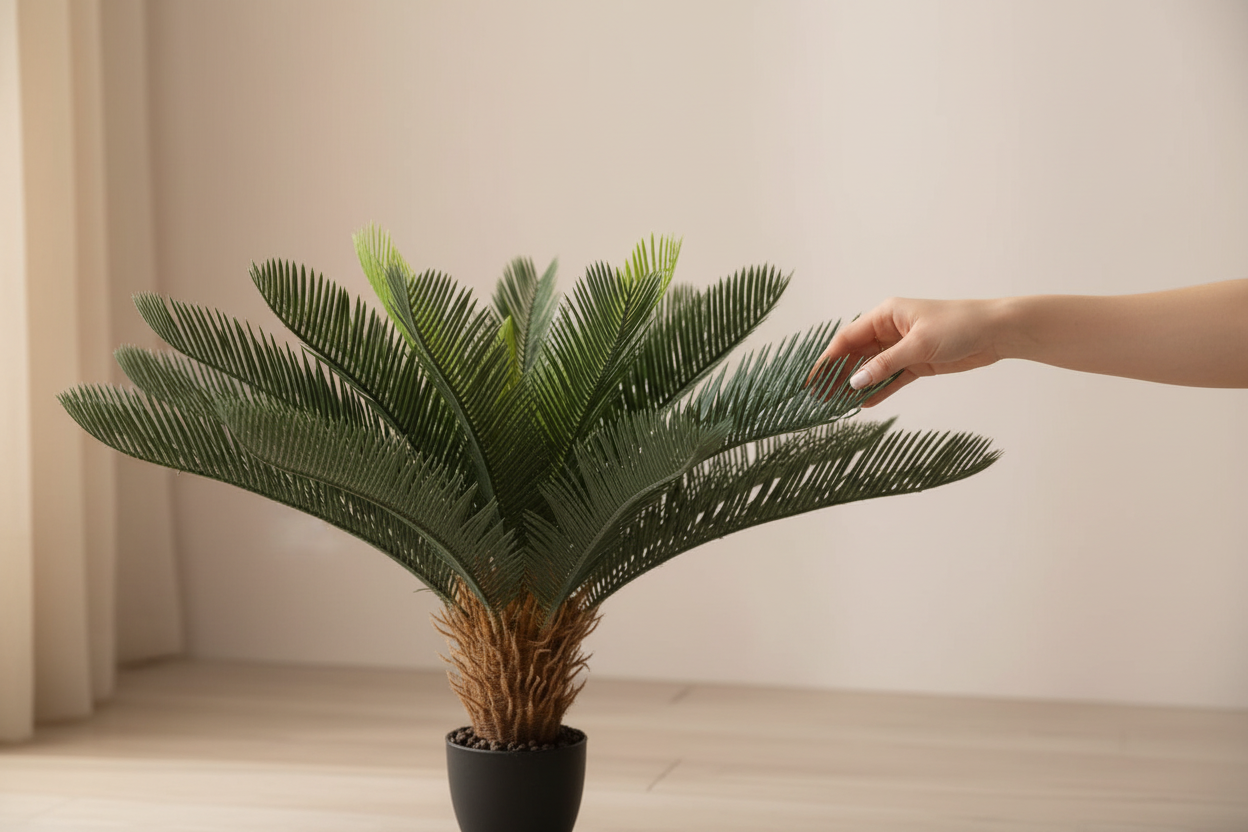 Close-up hand touching cycad