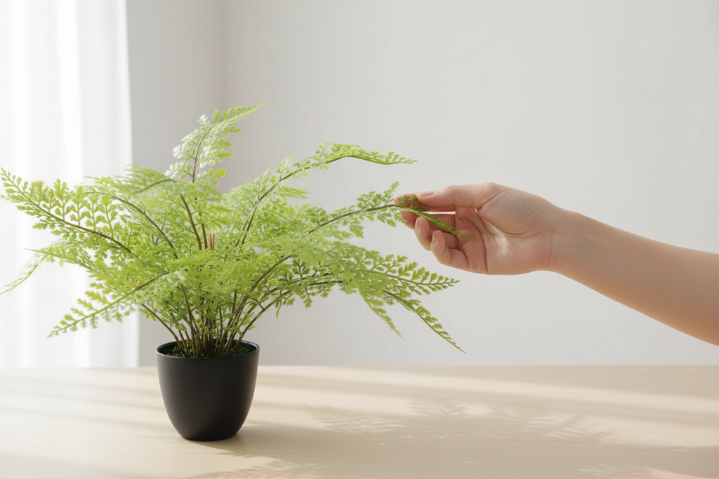 Close-up hand touching fern