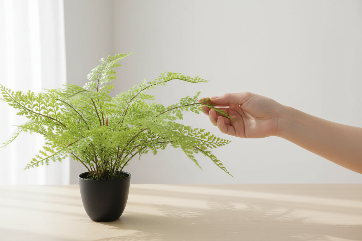 Close-up hand touching fern