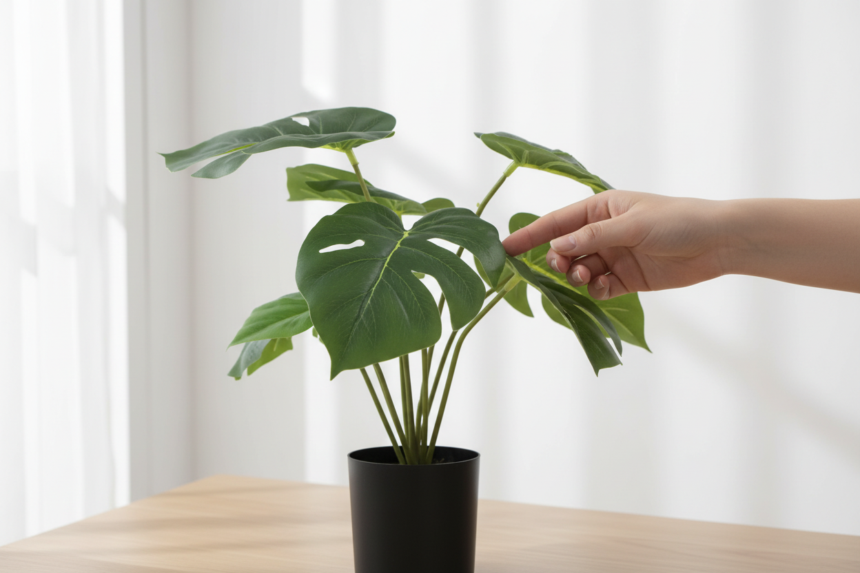 Close-up hand touching monstera