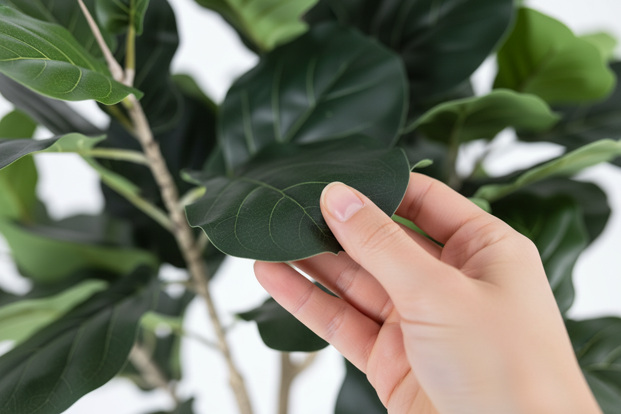 Close up macro shot of hand touching fiddle leaf fig leaves