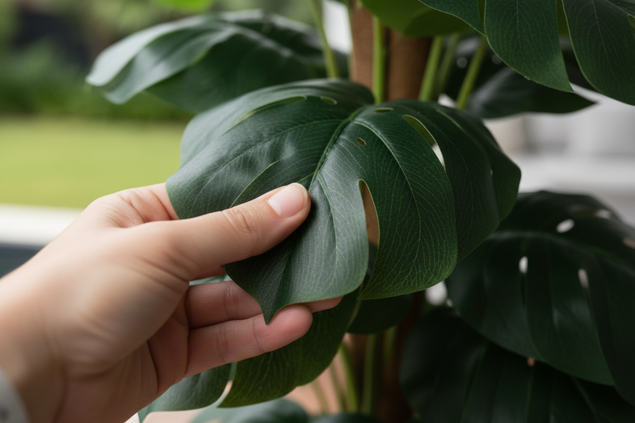 Close up macro shot of hand touching monstera leaves